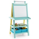 Yellow and aqua art easel; visible toys, books and extra art materials are styling props, not included