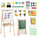 Natural wooden art easel with supplied art accessories; multiple views of one easel