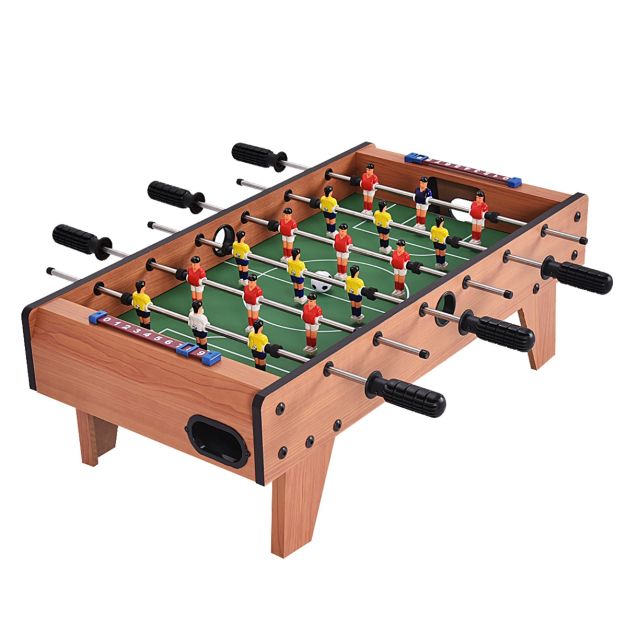 Brown tabletop foosball game with four short raised legs, six rods and eighteen player figurines
