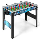 Black foosball table with blue graphic panels and straight legs