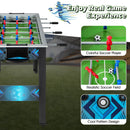Green playing field, red and blue player figures and blue football graphic panels