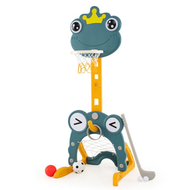 Green and yellow frog sports stand with basketball hoop, soccer goal, golf club and balls