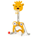 Yellow and grey 4-in-1 sports stand with basketball hoop, soccer goal, golf club and balls