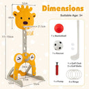 UY10169 sports stand dimensions and included basketball, soccer ball, golf club, two golf balls, four rings and inflator