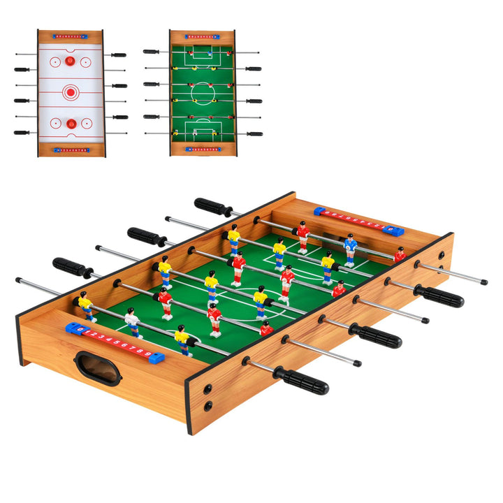 Natural and green reversible tabletop game with foosball and sliding-hockey sides