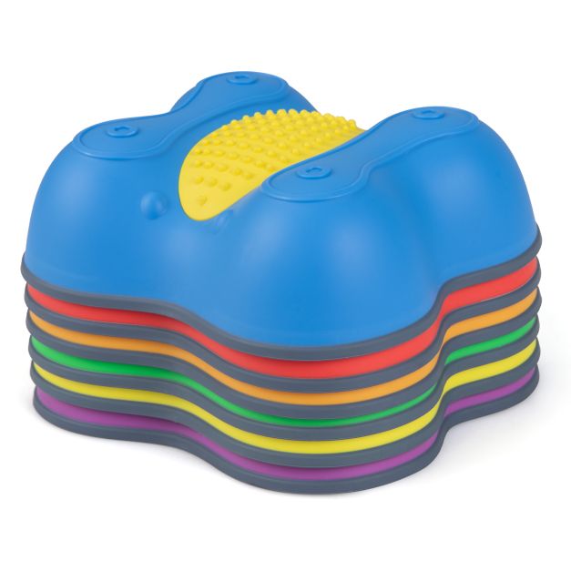 Six multicolour butterfly-shaped stepping stones stacked for storage
