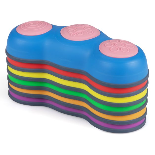 Six multicolour peanut-shaped stepping stones stacked for storage
