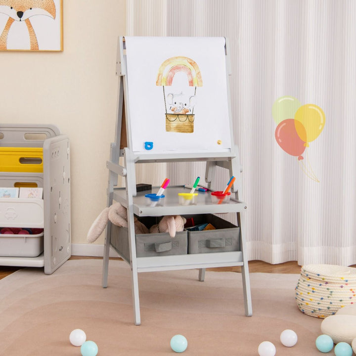 Double-Sided Kids Art Easel with Paper Roll and Storage Bins – Grey, view 1
