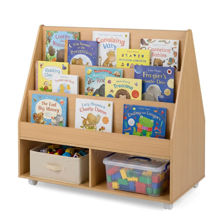 Double-Sided Rolling Bookshelf with Chalkboard – natural bookshelf front with example books