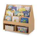 Double-Sided Rolling Bookshelf with Chalkboard – natural bookshelf front with example books