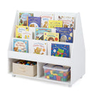 Double-Sided Rolling Bookshelf with Chalkboard – white bookshelf front with example books