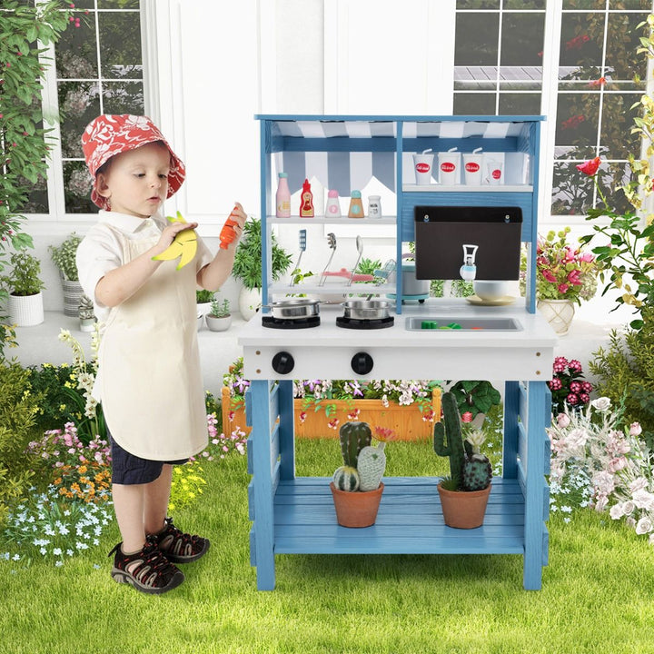 Double-Sided Wooden Mud Kitchen with Canopy and Cookware in Blue, view 1