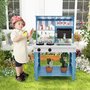 Double-Sided Wooden Mud Kitchen with Canopy and Cookware in Blue, view 1