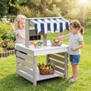 Double-Sided Wooden Mud Kitchen with Canopy and Cookware in Grey, view 2