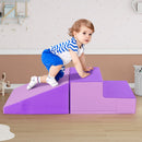 Child shown crawling across the joined purple foam ramp and step blocks