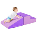 Child shown on the purple foam ramp beside the two-level step block