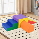 Multicolour foam climbing set with tunnel, step, ramp and half-moon on a playroom rug