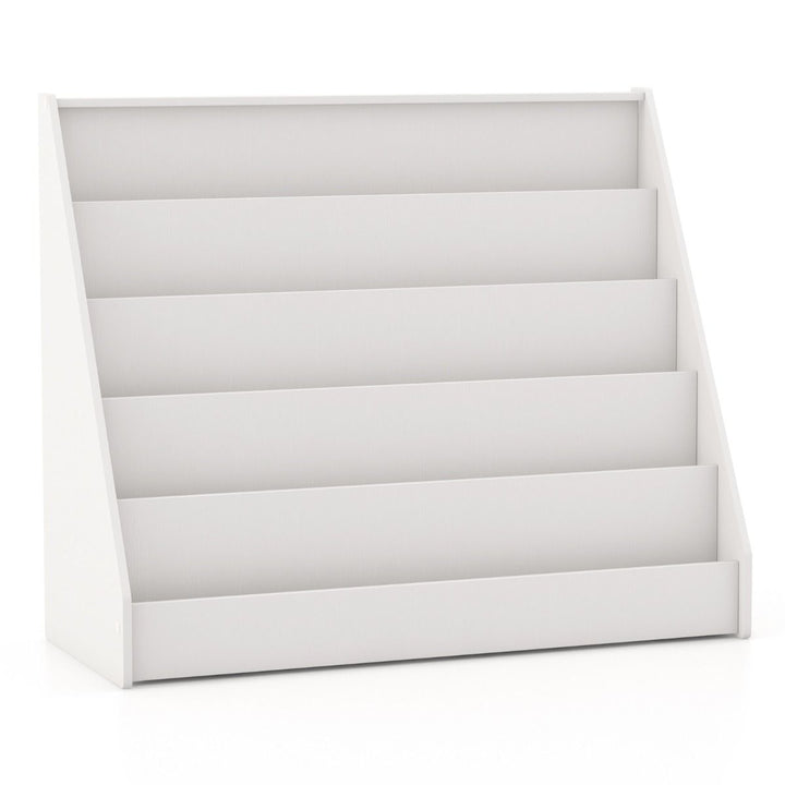 Five-Tier Kids Book Display Rack – White – White book display hero