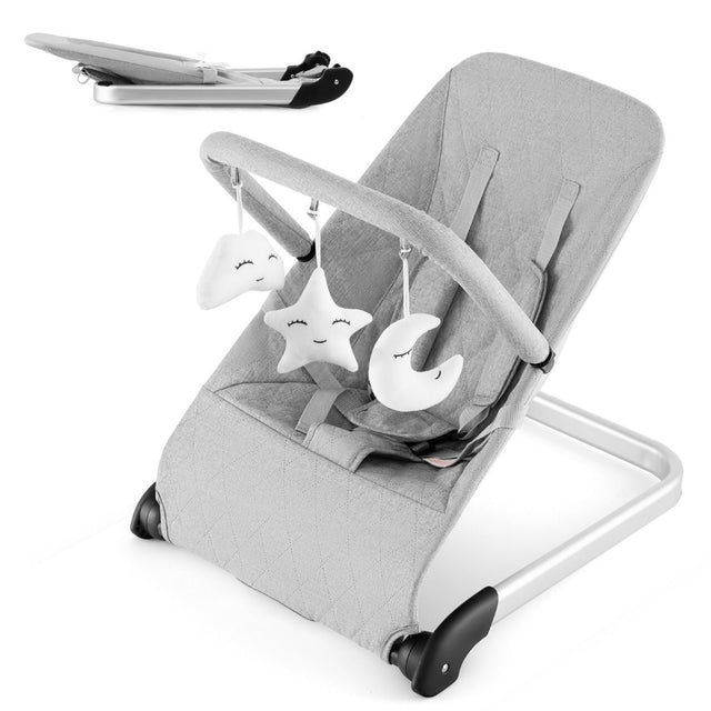 Folding Baby Bouncer with Toy Bar and Washable Cover – grey bouncer and folded view