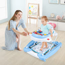 Parent supervising blue baby walker