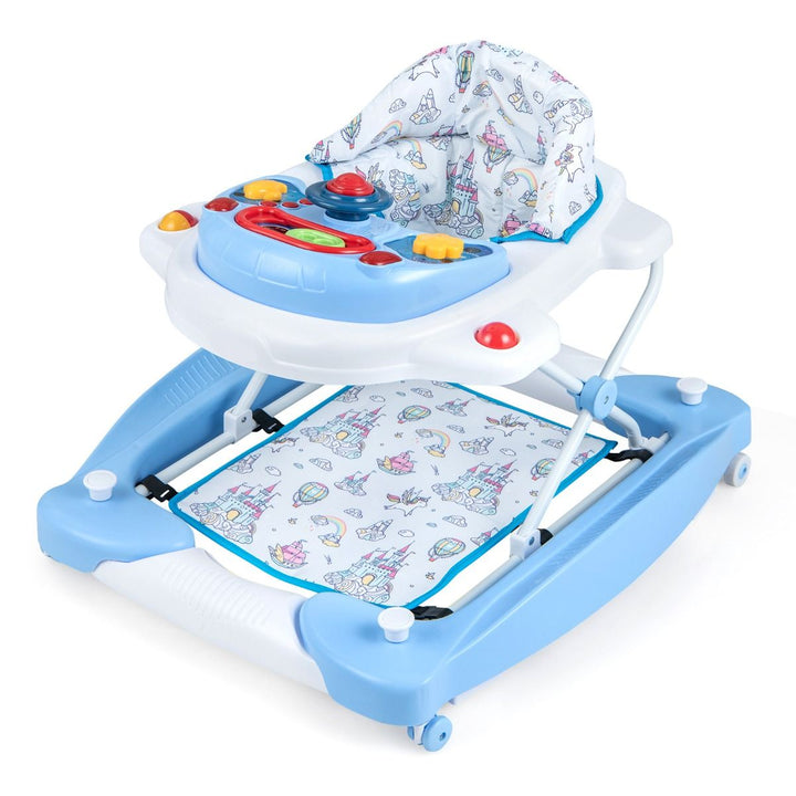 Blue baby walker with musical tray and foot pad