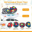 Grey musical tray and three-AA battery requirement