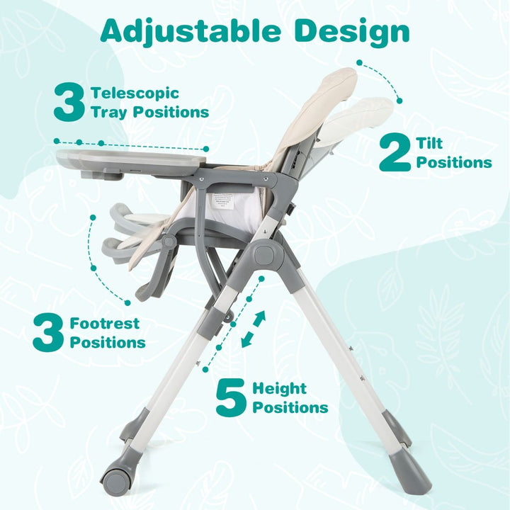 Folding High Chair with Adjustable Height and Footrest – Beige – detail view