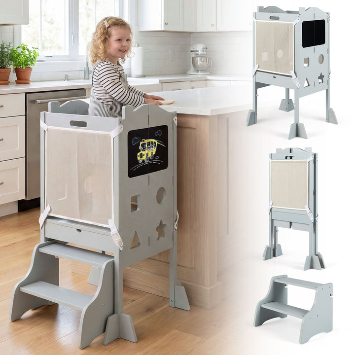 Folding Toddler Tower with Step Stool and Side Chalkboards – grey tower and two-step stool