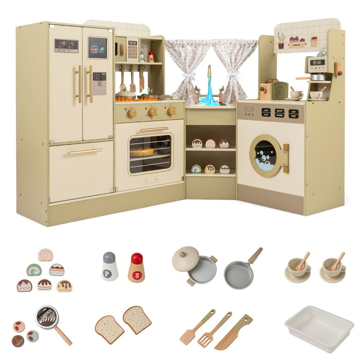 Green Corner Wooden Play Kitchen with 21 Accessories, Green, view 3