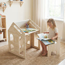 House-Shaped Kids Art Table and Chair with Bookshelves – Natural product view 1