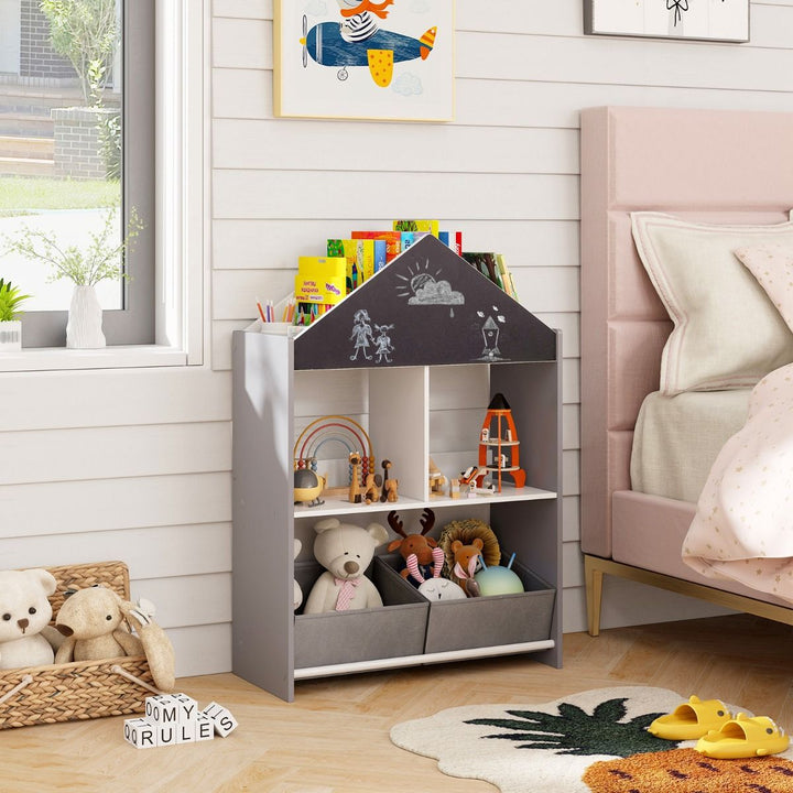 House-Shaped Kids Bookcase with Drawing Boards and Fabric Drawers – Grey product view 1