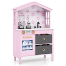 Pink house-shaped wooden play kitchen, front view