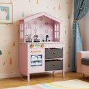 Pink house-shaped wooden play kitchen, cookware and utensils