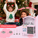 Pink house-shaped wooden play kitchen, cookware set