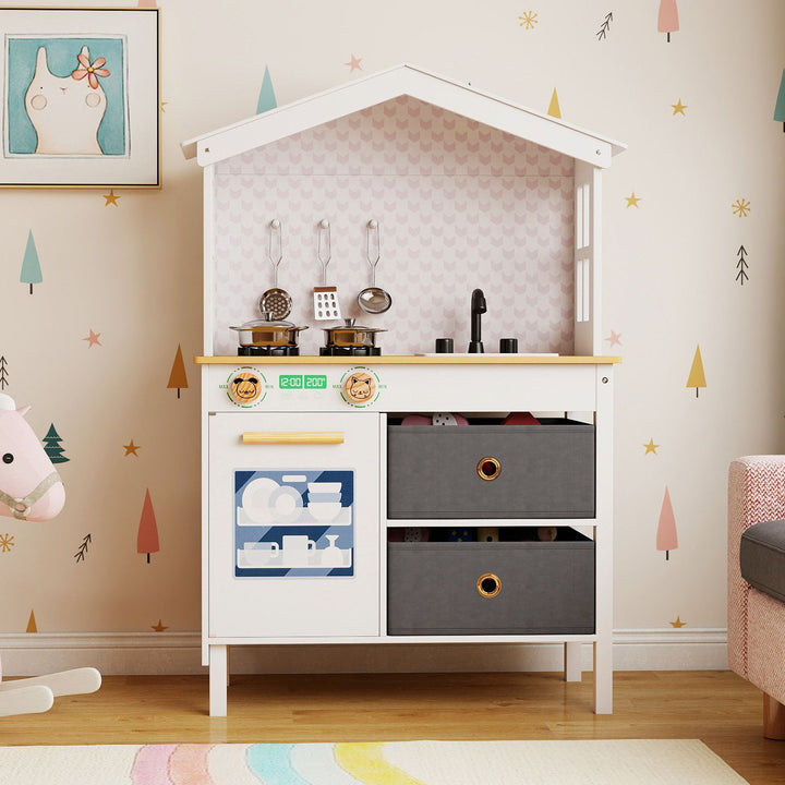 White house-shaped wooden play kitchen, room view
