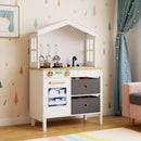 White house-shaped wooden play kitchen, room view