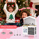 White house-shaped wooden play kitchen, cookware set