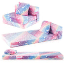 One multicolour folding sofa shown in three arrangements with its included throw pillow