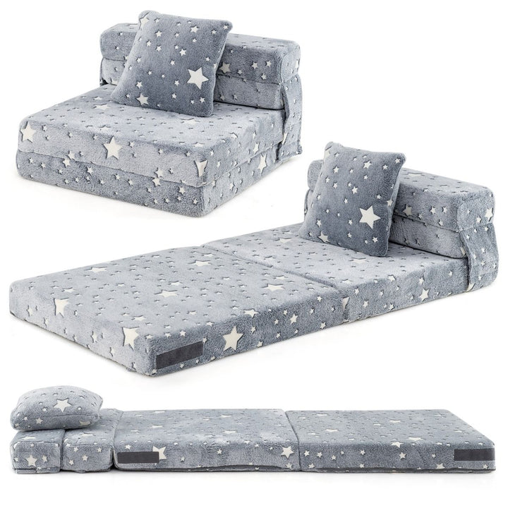 One grey folding sofa shown in three arrangements with its included throw pillow