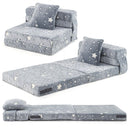 One grey folding sofa shown in three arrangements with its included throw pillow