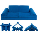 Blue modular foam play sofa with triangular back cushions, semicircular cushions and folding mats
