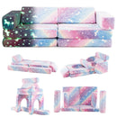 Pastel rainbow ten-piece modular foam play couch with alternative floor arrangements