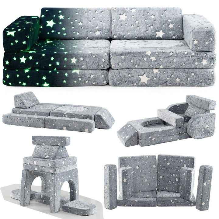 Grey stars ten-piece modular foam play couch with alternative floor arrangements