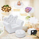 Kids Crown Back Sofa Chair and Ottoman – White chair upholstery and foot pad details