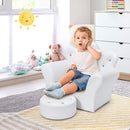 Kids Crown Back Sofa Chair and Ottoman – White chair and ottoman in a playroom