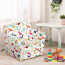 Dinosaur-print armchair in a room; styling props are not included