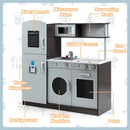 Grey play kitchen feature overview showing chalkboard, upper shelf and pretend appliances