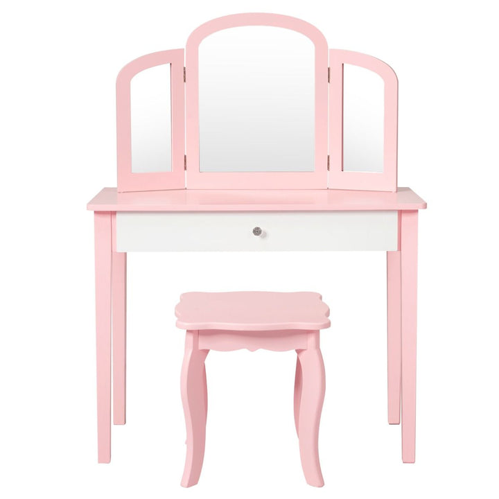 Pink vanity with white drawer, tri-fold mirror and matching stool