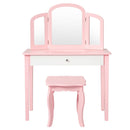 Pink vanity with white drawer, tri-fold mirror and matching stool