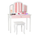 White vanity with pink drawer, tri-fold mirror and matching stool